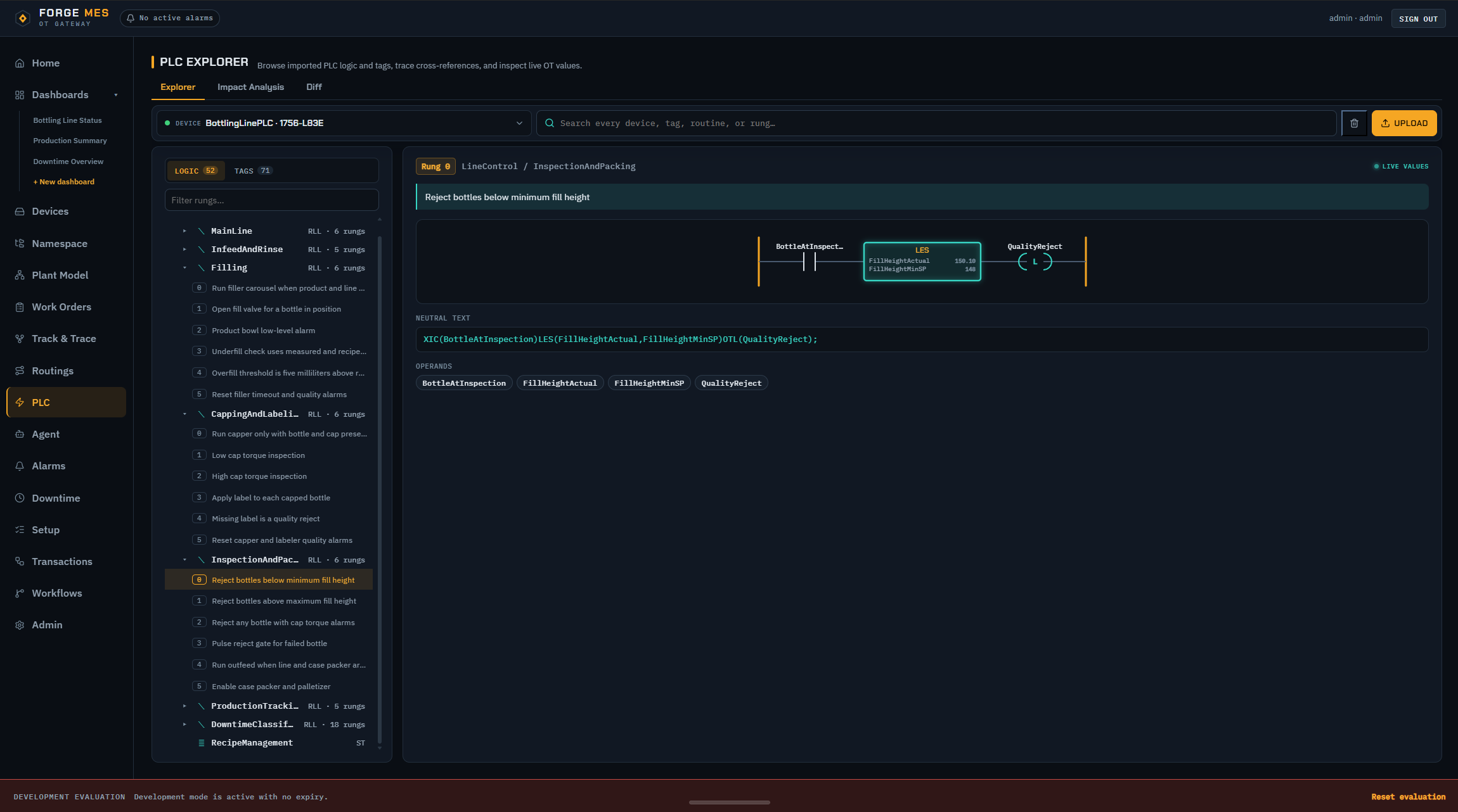 Forge PLC Explorer showing a ladder logic rung that rejects bottles below minimum fill height